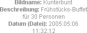 Bildname: Kunterbunt
Beschreibung: Frühstücks-Buffet für 30 Personen
Datum (Datei): 2005:05:06 11...